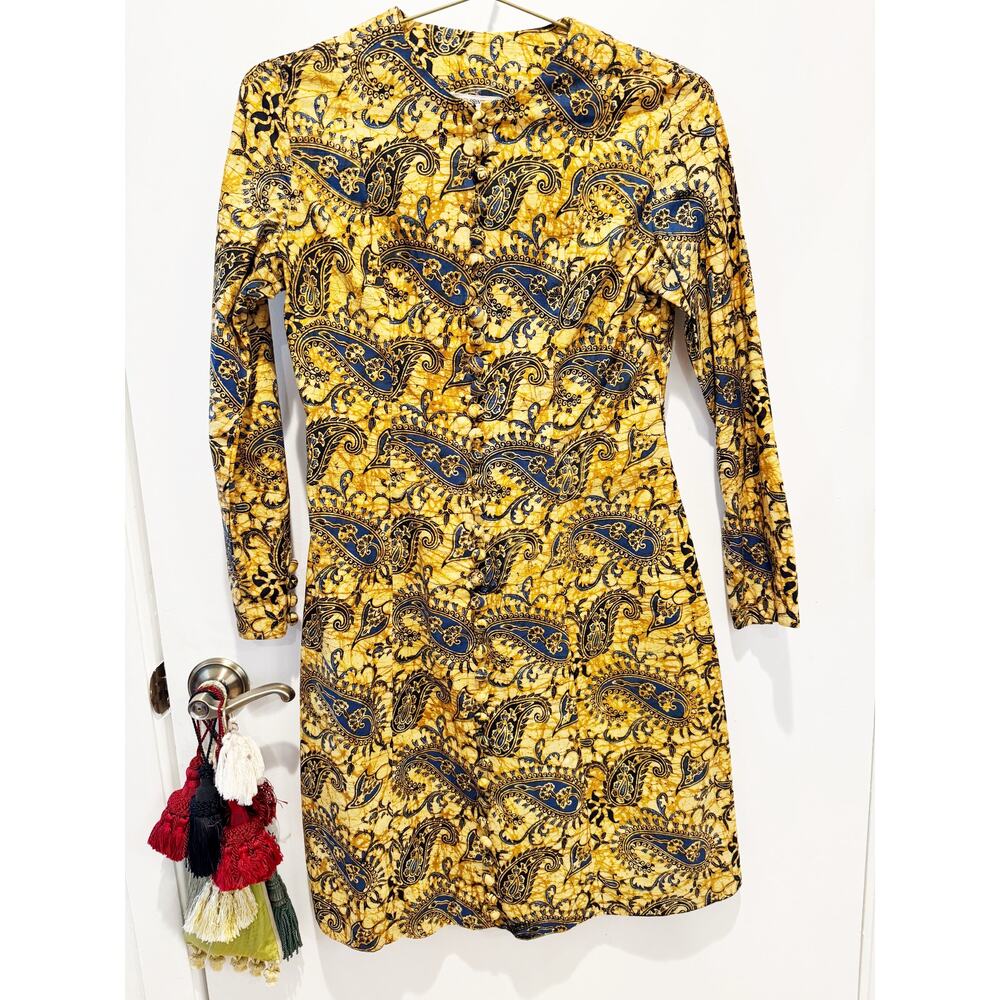 Vintage Hand Printed Batik Paisley Cotton Dress Vintage S 12 Modern Size S
